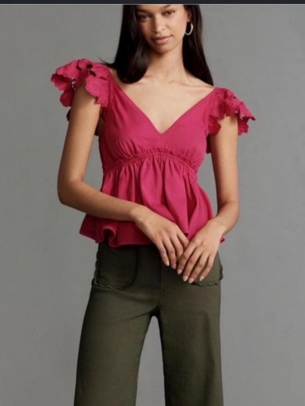 By Anthropologie Cotton Flutter-Sleeve V-Neck Babydoll Top Size Large